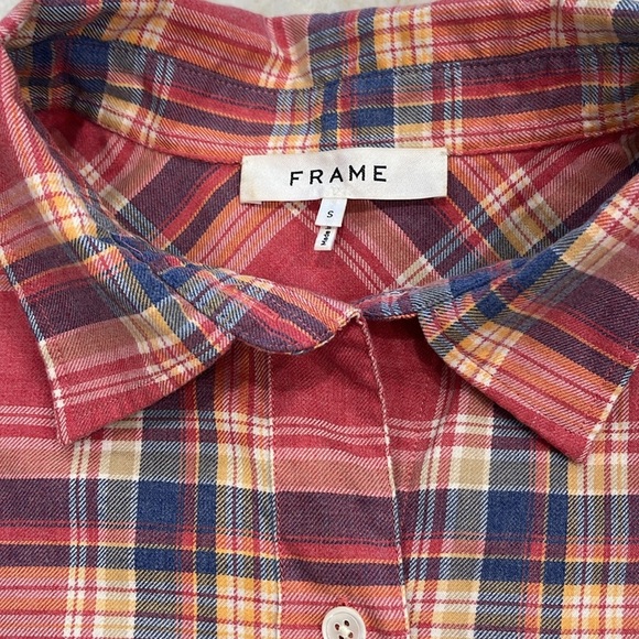 FRAME Fray Hem Flannel Top in Light Red Check Men's Size Small Preppy Plaid Boho - Picture 11 of 14